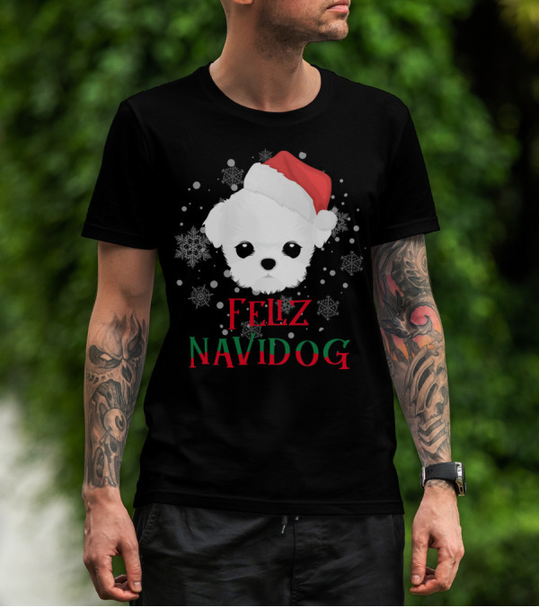 Feliz Navidog Maltese Dog Christmas Santa Hat Snowflakes T-Shirt