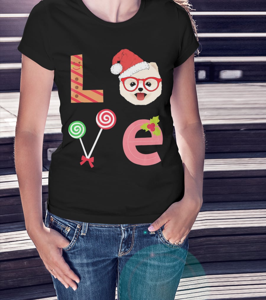 Love Pomeranian Santa Christmas Dog Candy Cane Glasses T-Shirt