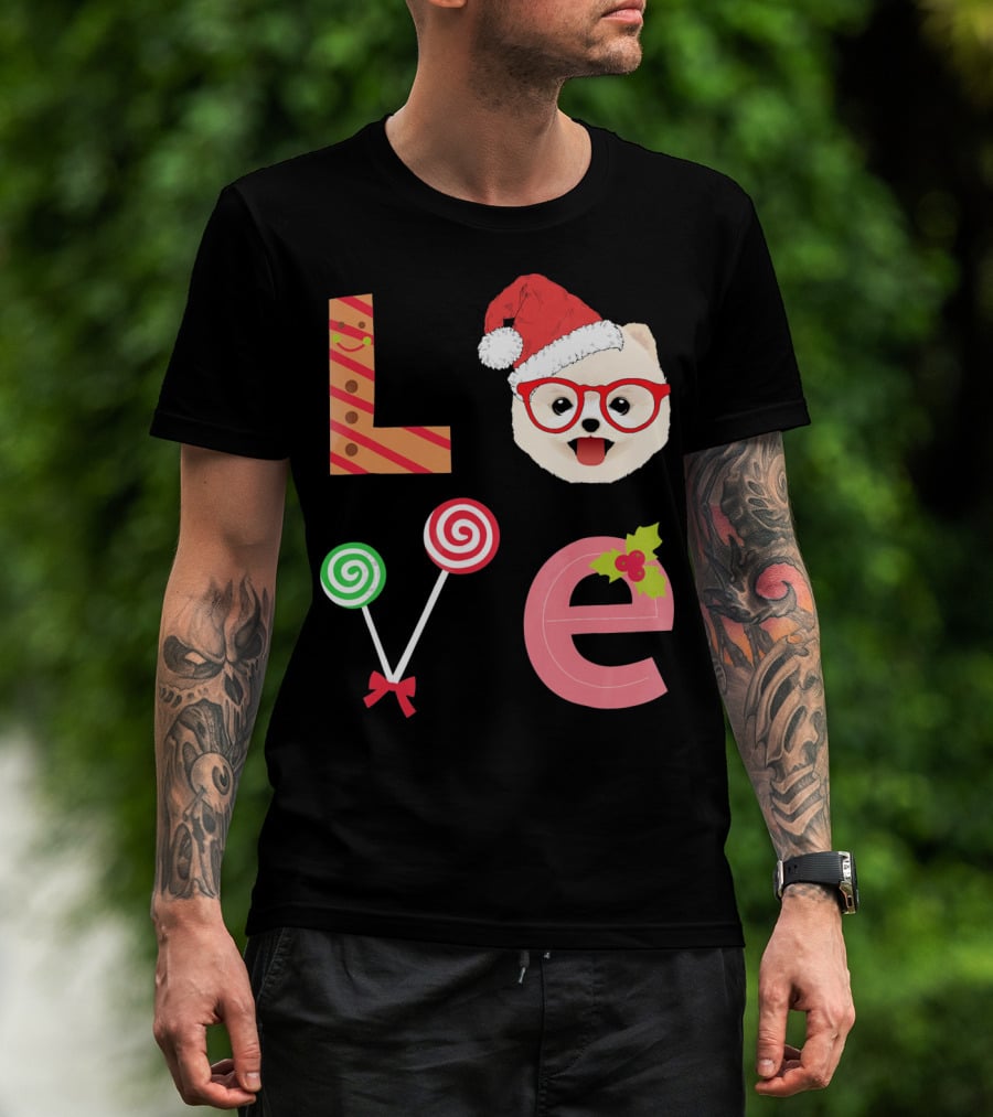 Love Pomeranian Santa Christmas Dog Candy Cane Glasses T-Shirt