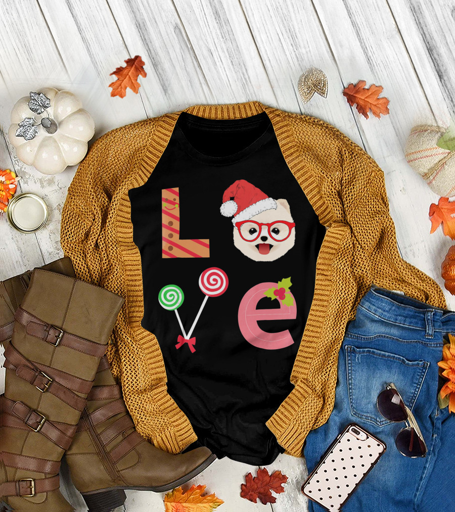 Love Pomeranian Santa Christmas Dog Candy Cane Glasses T-Shirt