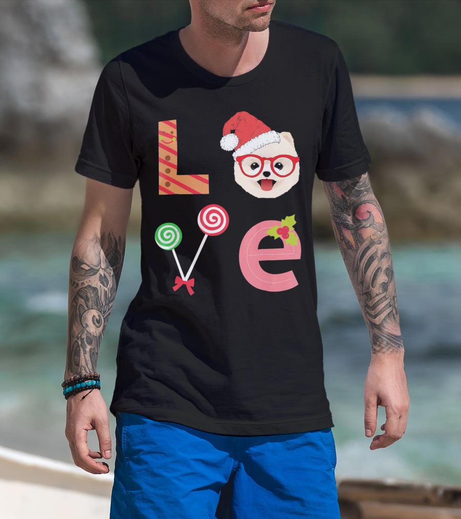 Love Pomeranian Santa Christmas Dog Candy Cane Glasses T-Shirt