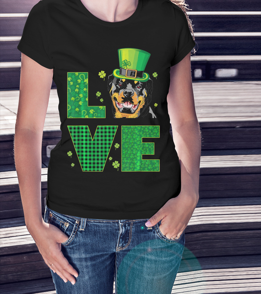 Love Rottweiler St. Patrick's Day Hat Green Shamrock Leaf T-Shirt