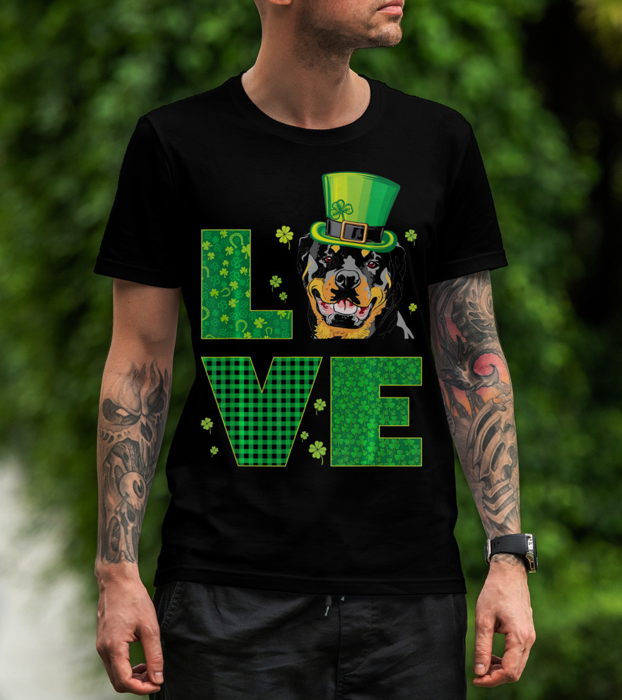 Love Rottweiler St. Patrick's Day Hat Green Shamrock Leaf T-Shirt