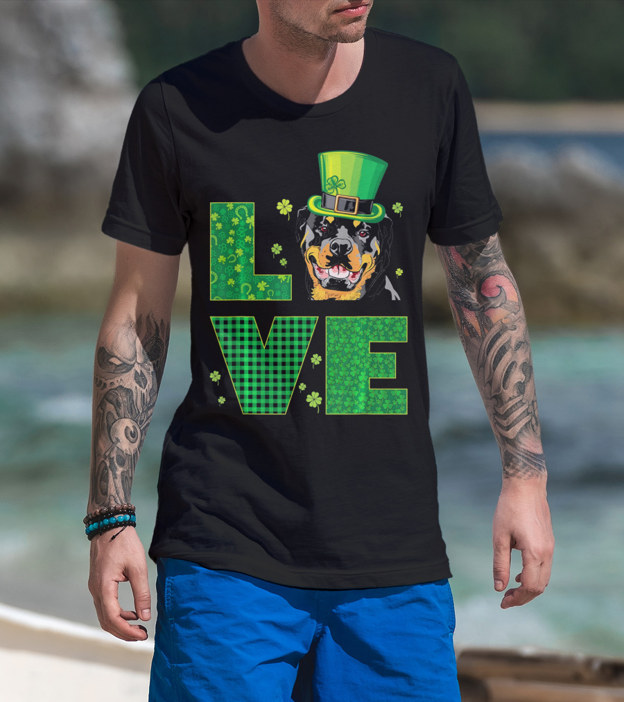 Love Rottweiler St. Patrick's Day Hat Green Shamrock Leaf T-Shirt