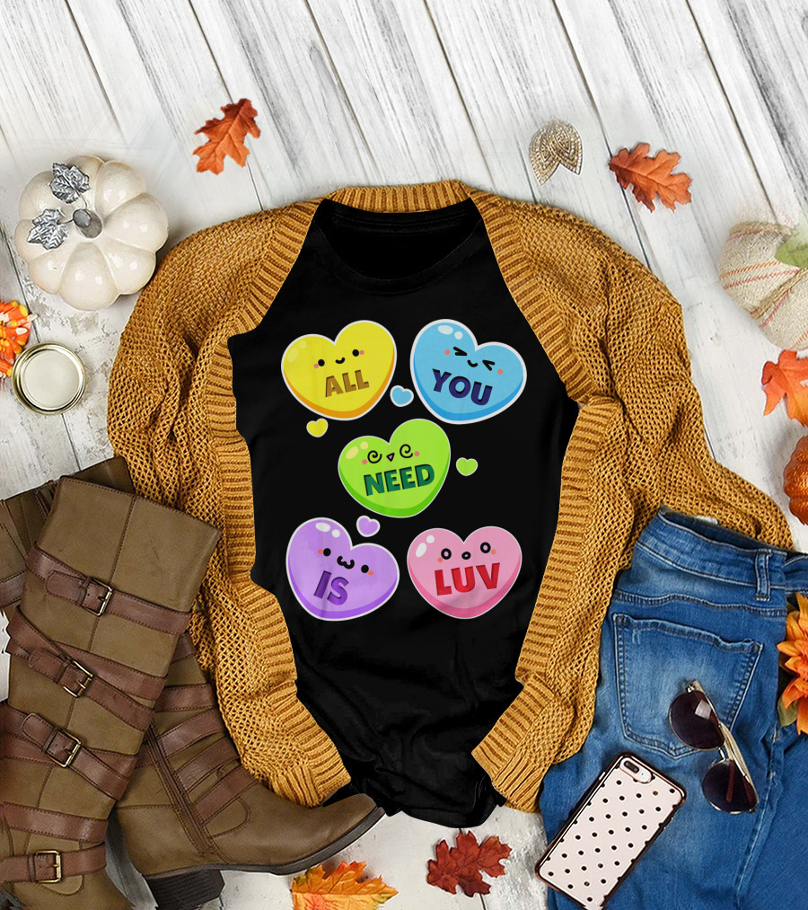 All You Need Is Luv Valentine Kawaii Heart Faces T-Shirt