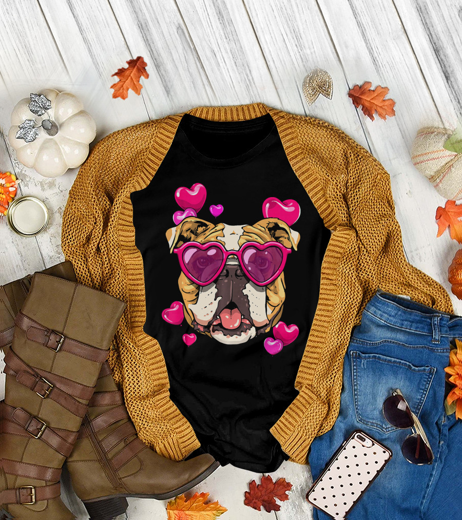 American Bulldog Heart Sunglasses Pink Hearts Valentine's Day T-Shirt