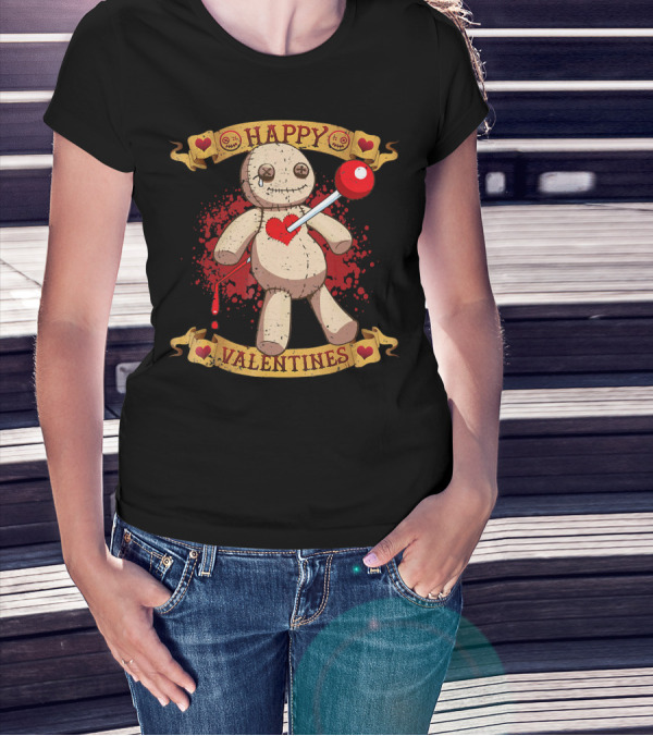 Happy Valentines Voodoo Doll With Heart And Lollipop Stabbing T-Shirt