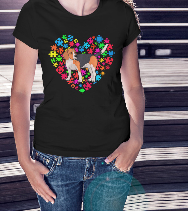 Autism Awareness Beagle Dog Colorful Puzzle Heart T-Shirt