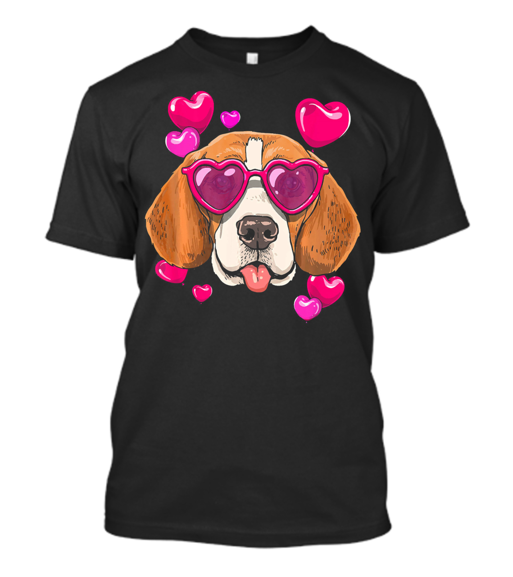 Beagle With Heart Sunglasses Surrounded By Pink Hearts Valentines Day Dog T-Shirt