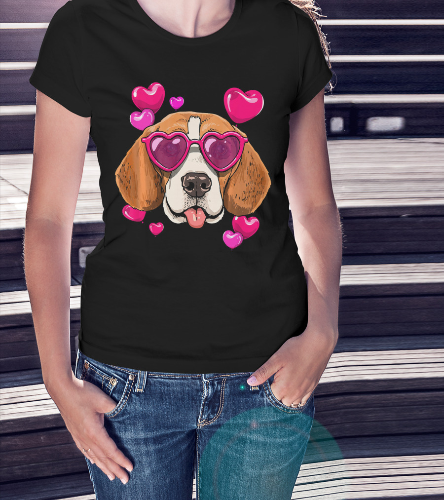 Beagle With Heart Sunglasses Surrounded By Pink Hearts Valentines Day Dog T-Shirt