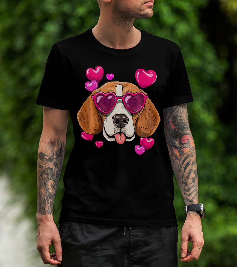 Beagle With Heart Sunglasses Surrounded By Pink Hearts Valentines Day Dog T-Shirt