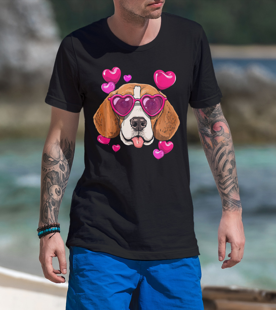Beagle With Heart Sunglasses Surrounded By Pink Hearts Valentines Day Dog T-Shirt