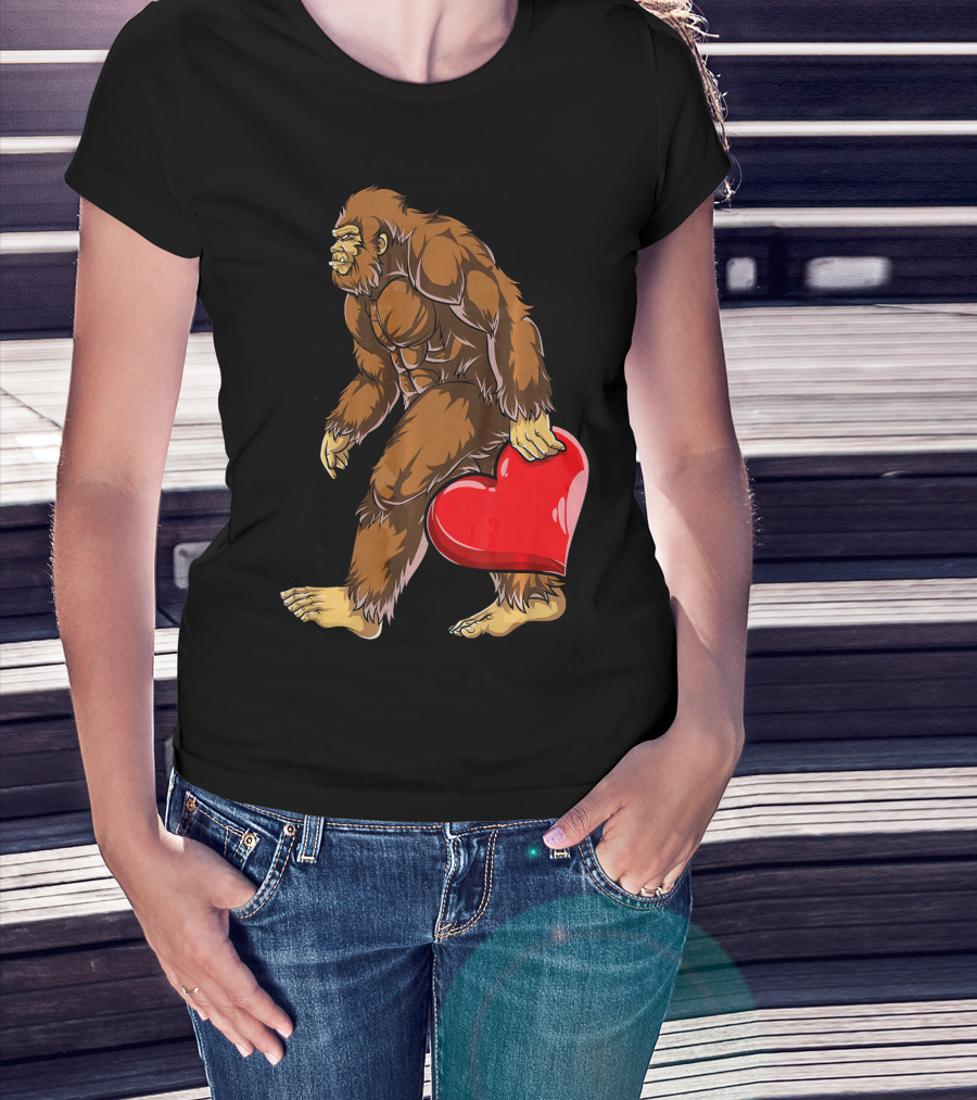 Bigfoot Carrying Heart Funny Valentine's Day T-Shirt
