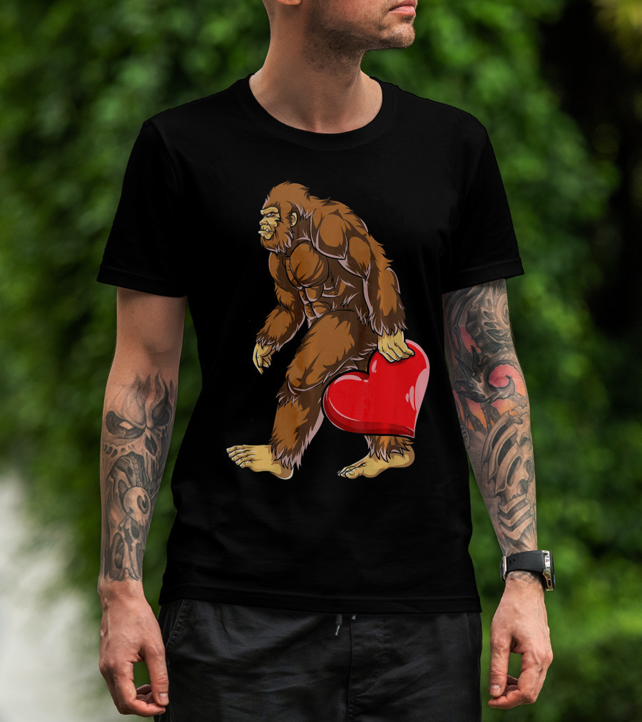 Bigfoot Carrying Heart Funny Valentine's Day T-Shirt