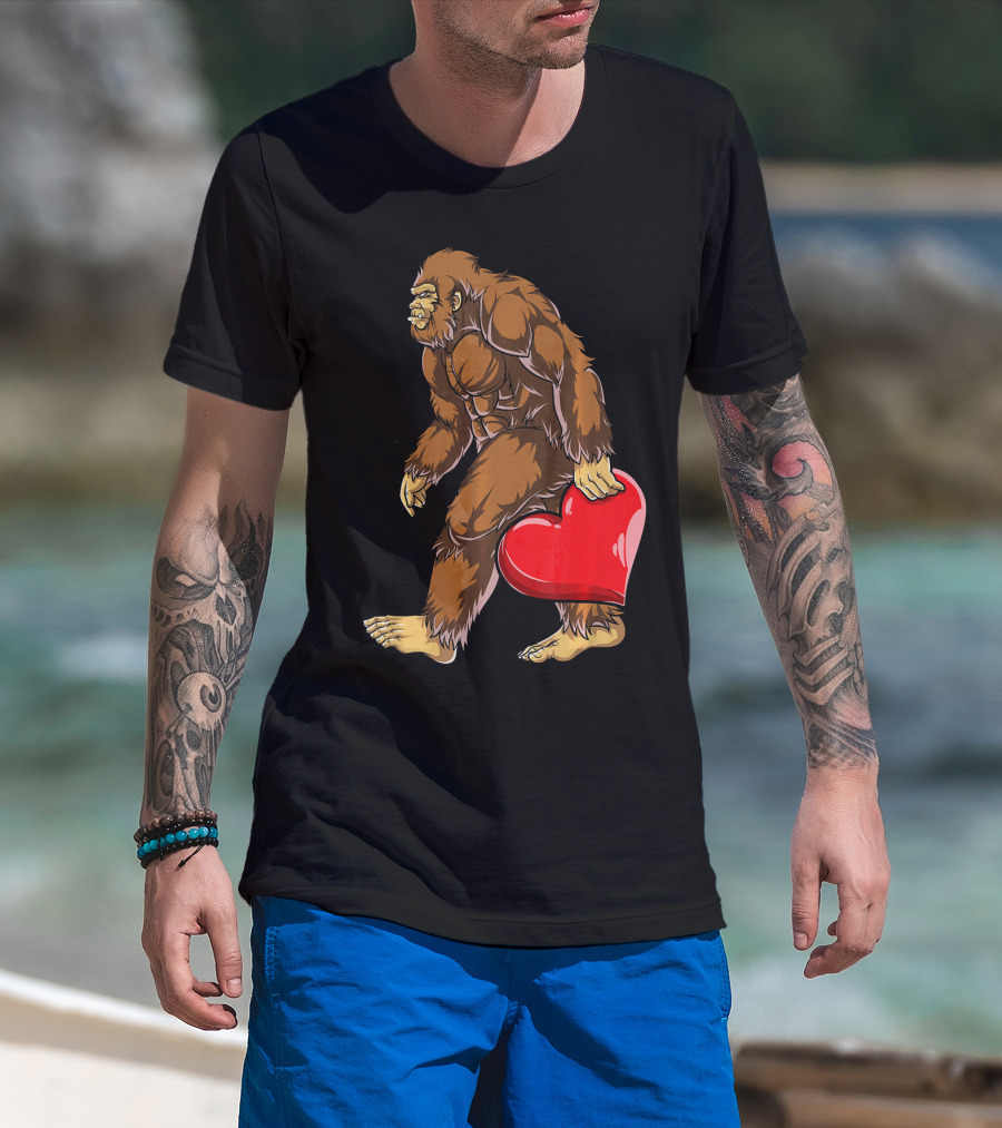 Bigfoot Carrying Heart Funny Valentine's Day T-Shirt