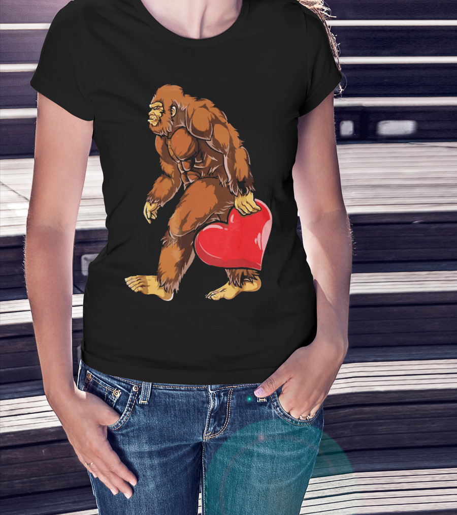 Bigfoot Holding A Red Heart For Funny Valentine's Day T-Shirt