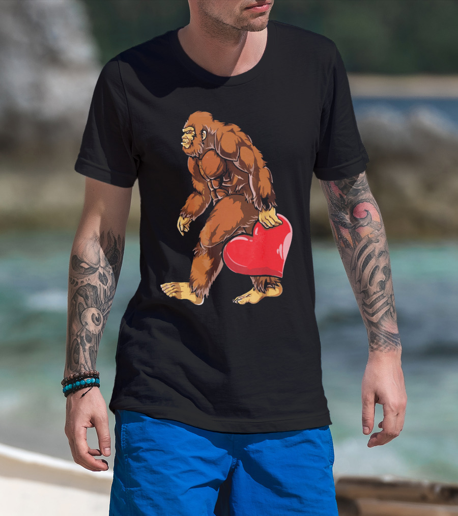 Bigfoot Holding A Red Heart For Funny Valentine's Day T-Shirt