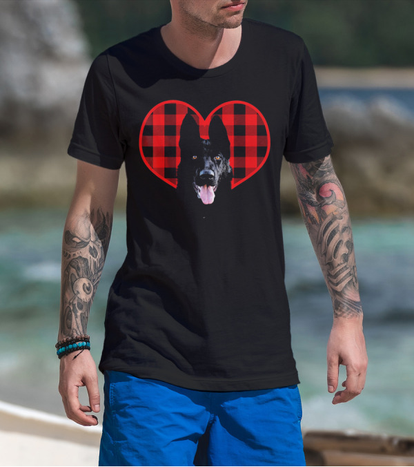 Black German Shepherd Plaid Heart Valentine T-Shirt