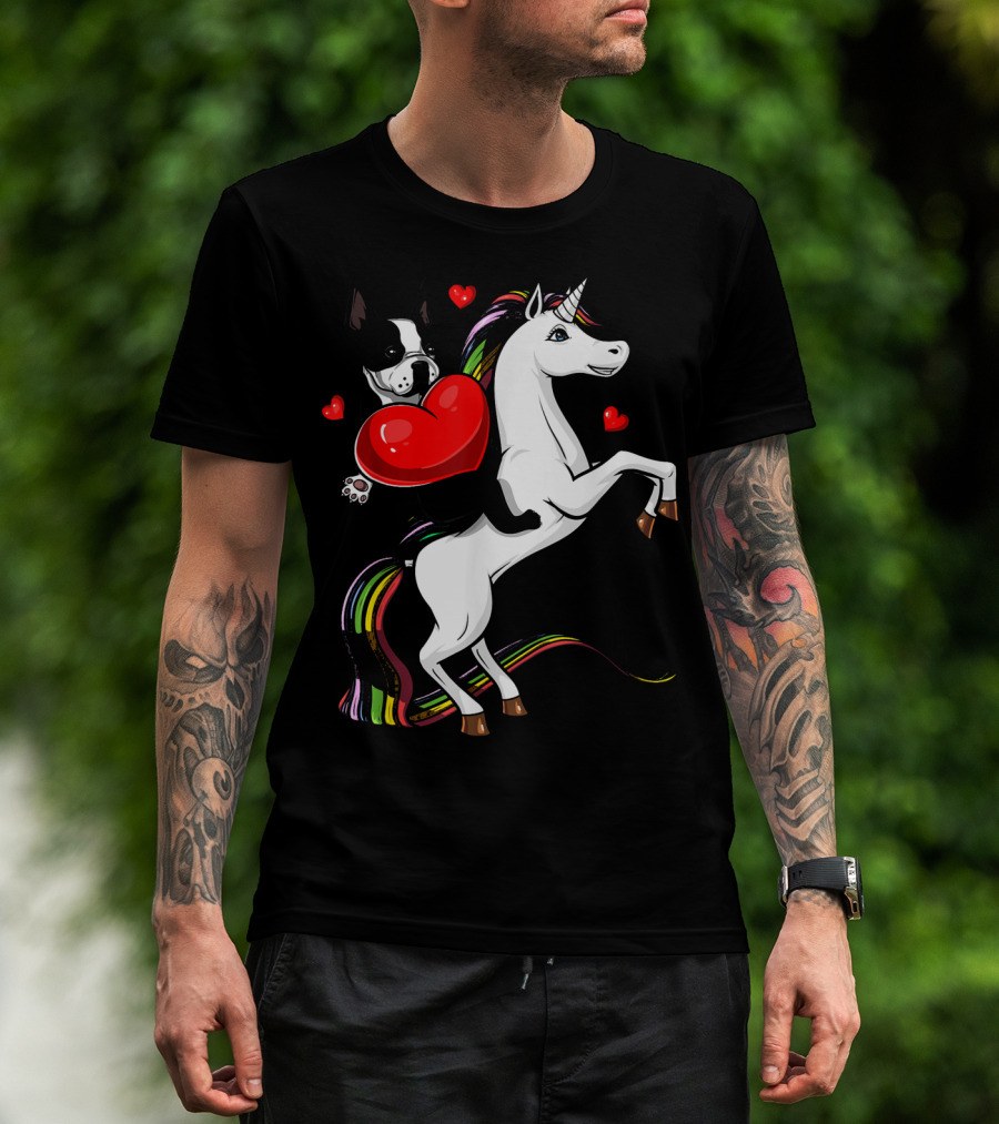 Boston Terrier Dog Holding Heart Riding Colorful Unicorn With Hearts T-Shirt