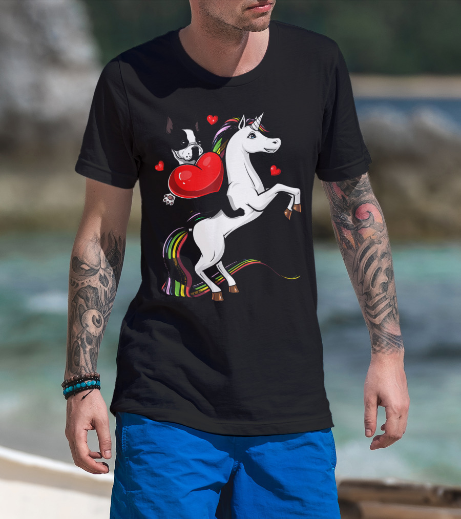 Boston Terrier Dog Holding Heart Riding Colorful Unicorn With Hearts T-Shirt