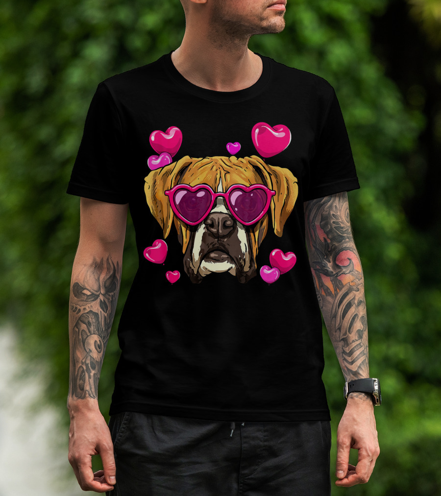 Boxer Dog With Heart Glasses Surrounded By Pink Valentine Hearts T-Shirt