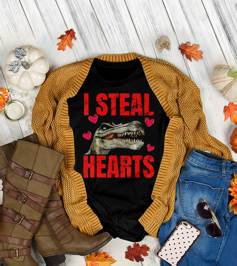 I Steal Hearts Dinosaur Valentines Boys T-Shirt
