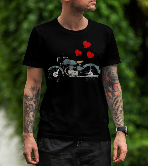 Boys Men Motorcycle With Floating Hearts Valentines T-Shirt