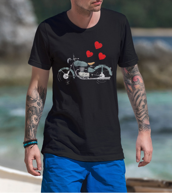Boys Men Motorcycle With Floating Hearts Valentines T-Shirt