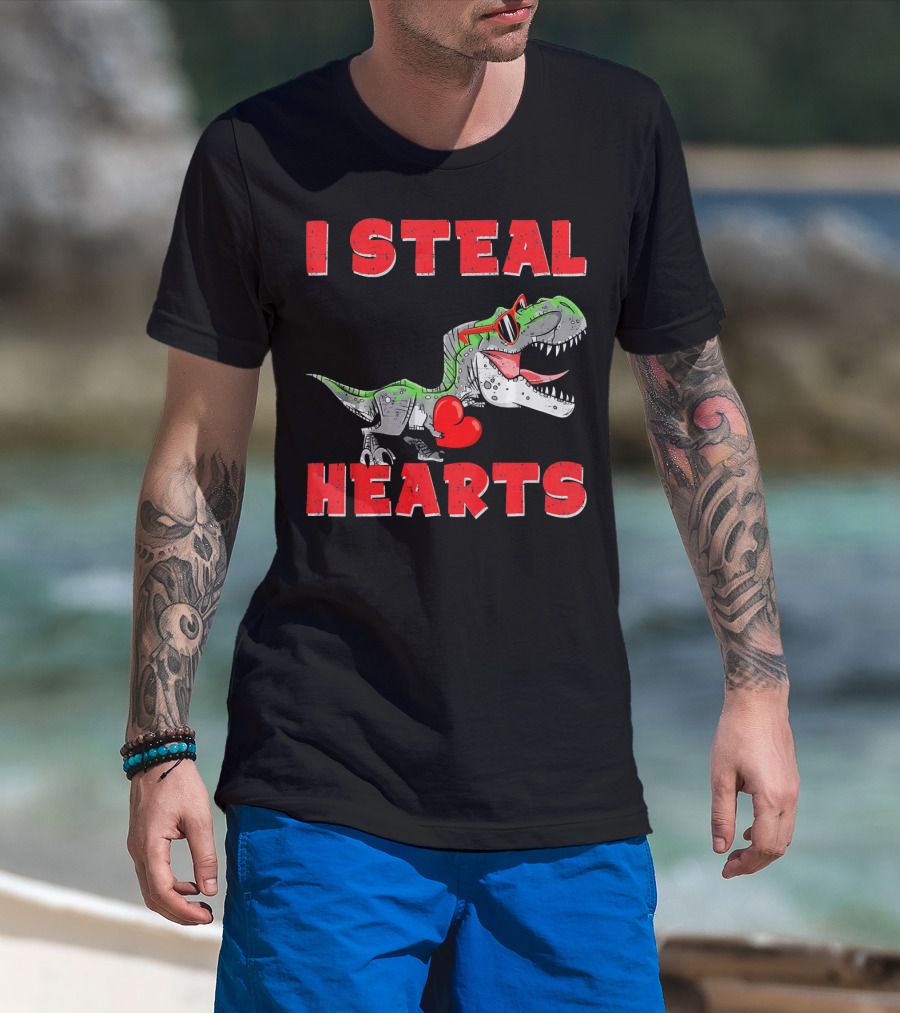 I Steal Hearts Boys Valentines Day Kids Dinosaur Trex T-Shirt
