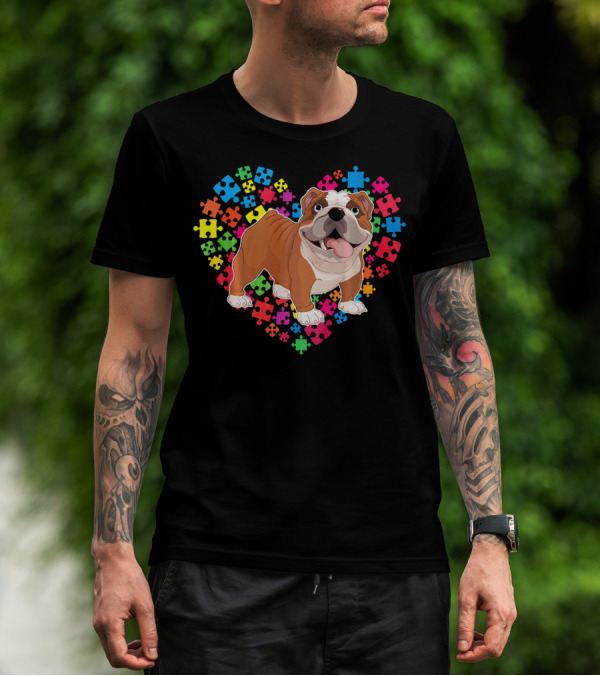 Bulldog Valentine Heart With Colorful Puzzle Pieces Background T-Shirt