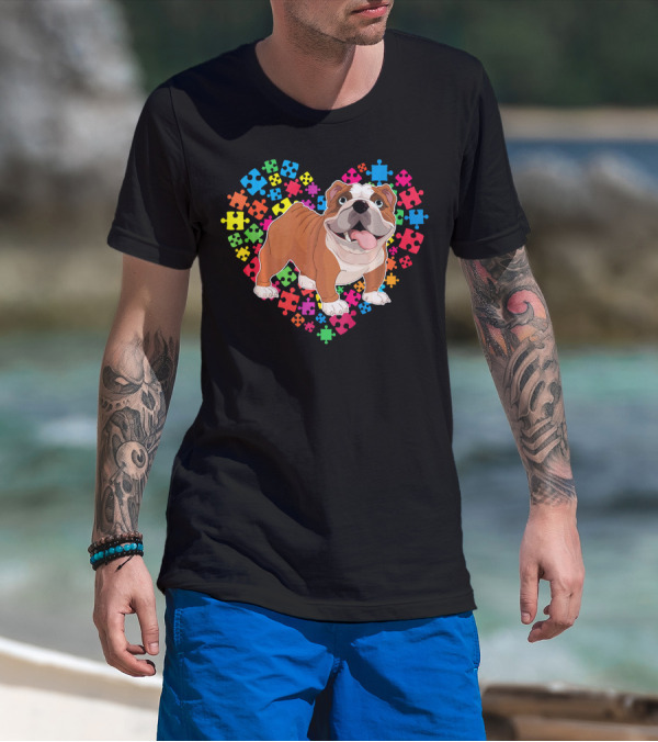 Bulldog Valentine Heart With Colorful Puzzle Pieces Background T-Shirt