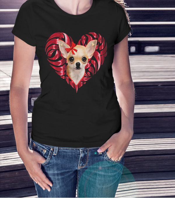 Chihuahua Dog Valentine Heart With Bow And Swirls T-Shirt