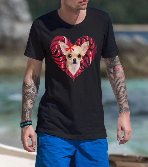 Chihuahua Dog Valentine Heart With Bow And Swirls T-Shirt