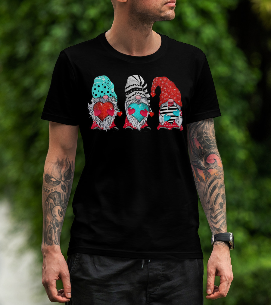 Couple Matching Outfit Gnomes Holding Hearts With Festive Hats T-Shirt