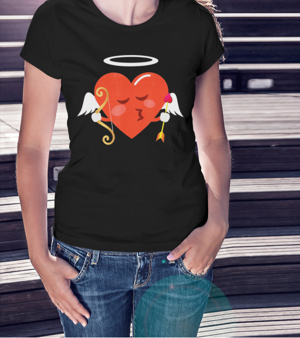 Cupid Heart Emoji Kiss Mwah Valent Winged Bow Arrow Halo T-Shirt