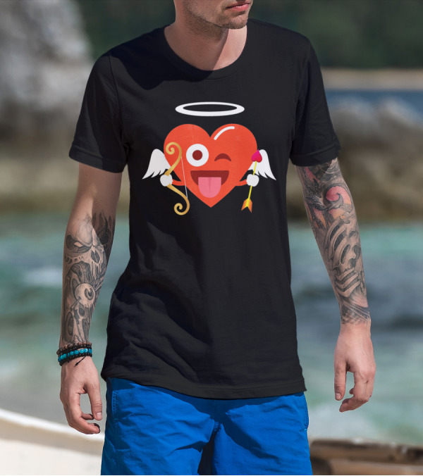 Cupid Heart Emoji Halo Wink Tongue Out Bow Arrow T-Shirt