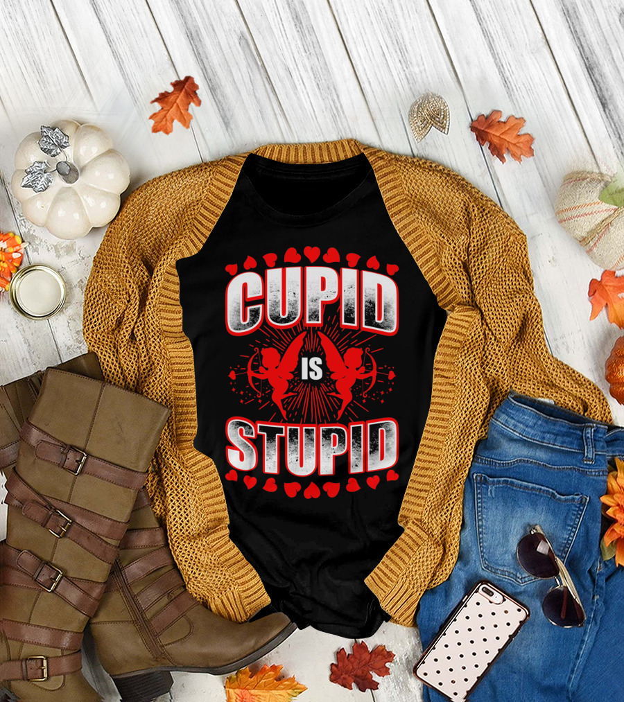 Cupid Is Stupid Anti Valentine Long with Heart and Cupid Graphics T-Shirt