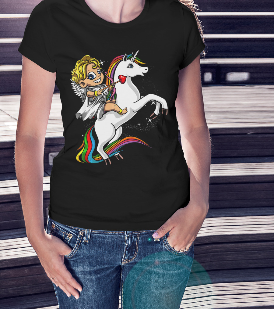 Cupid Riding Colorful Unicorn Valentines Day Magic T-Shirt