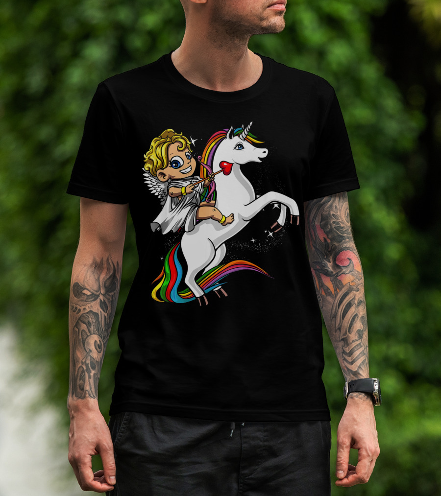 Cupid Riding Colorful Unicorn Valentines Day Magic T-Shirt