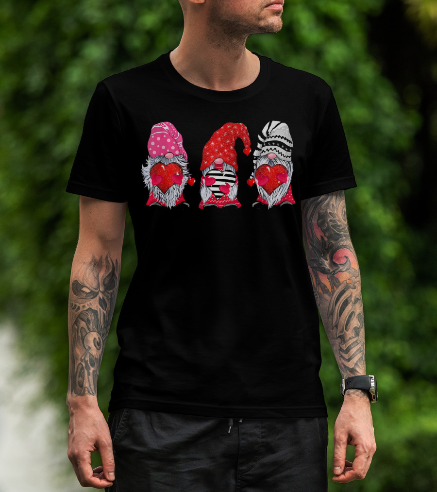 Cute Gnomes Valentine's Couple Heart Match Striped Red Hat Polka Dot T-Shirt