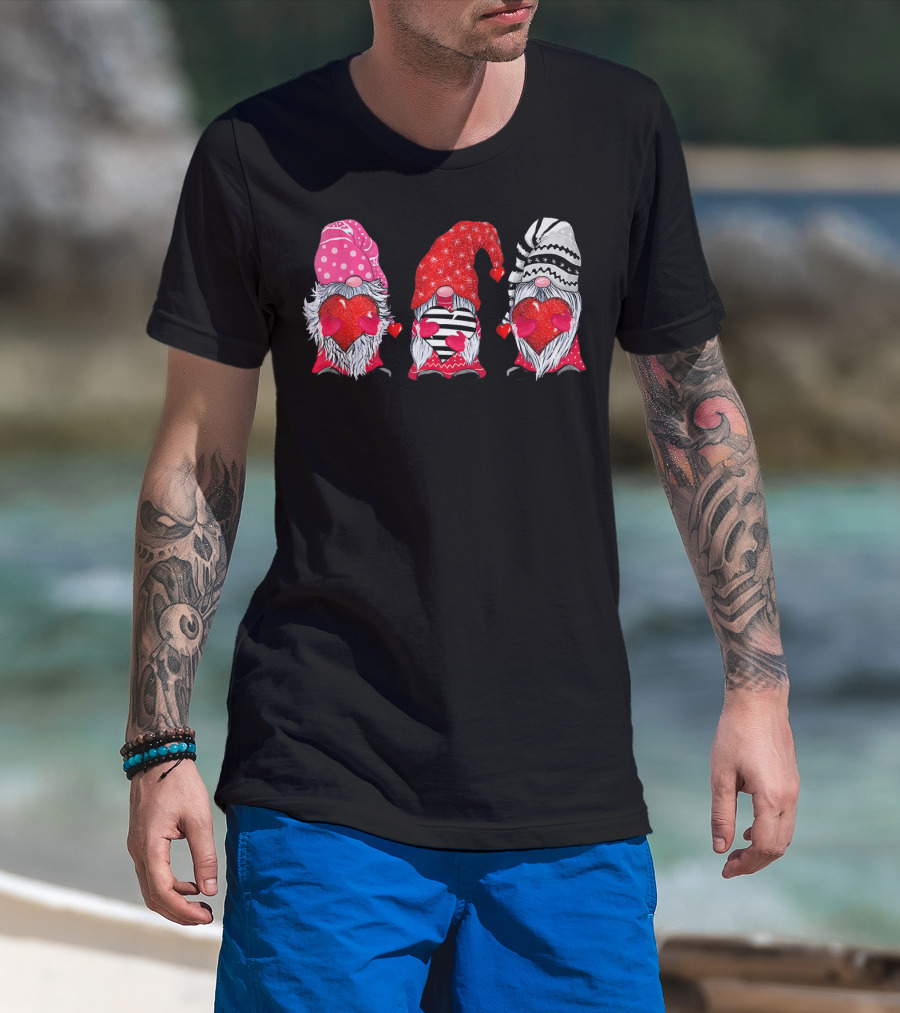 Cute Gnomes Valentine's Couple Heart Match Striped Red Hat Polka Dot T-Shirt