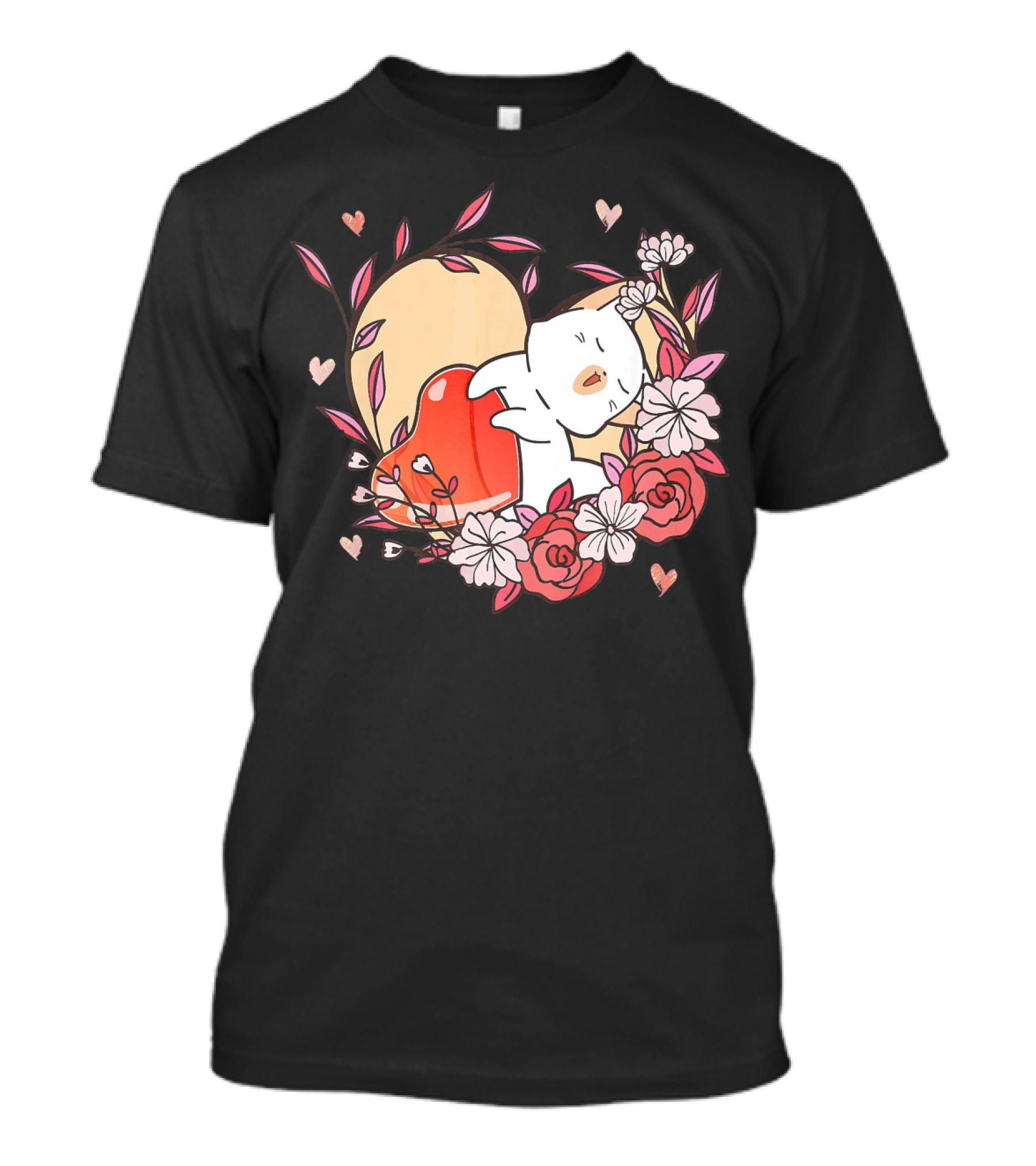 Cute Kawaii Cat Hugging Heart Surrounded By Valentines Day Flowers T-Shirt