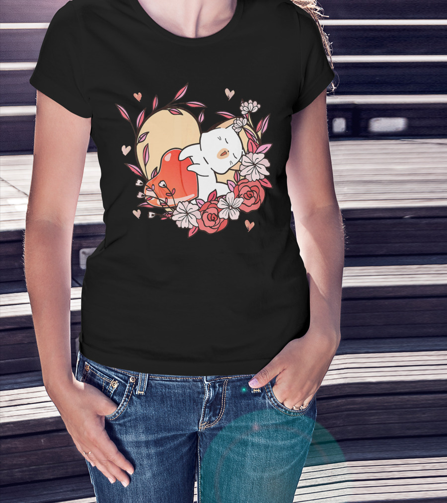 Cute Kawaii Cat Hugging Heart Surrounded By Valentines Day Flowers T-Shirt