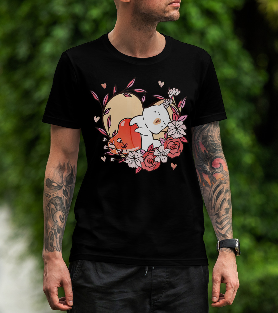 Cute Kawaii Cat Hugging Heart Surrounded By Valentines Day Flowers T-Shirt