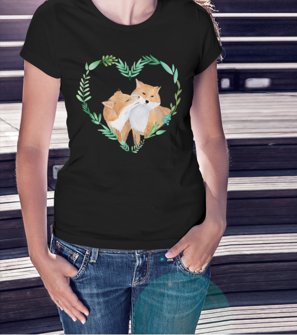 Cute Love Foxes Valentines Day Heart Greenery T-Shirt