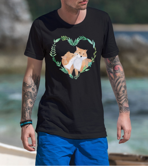 Cute Love Foxes Valentines Day Heart Greenery T-Shirt