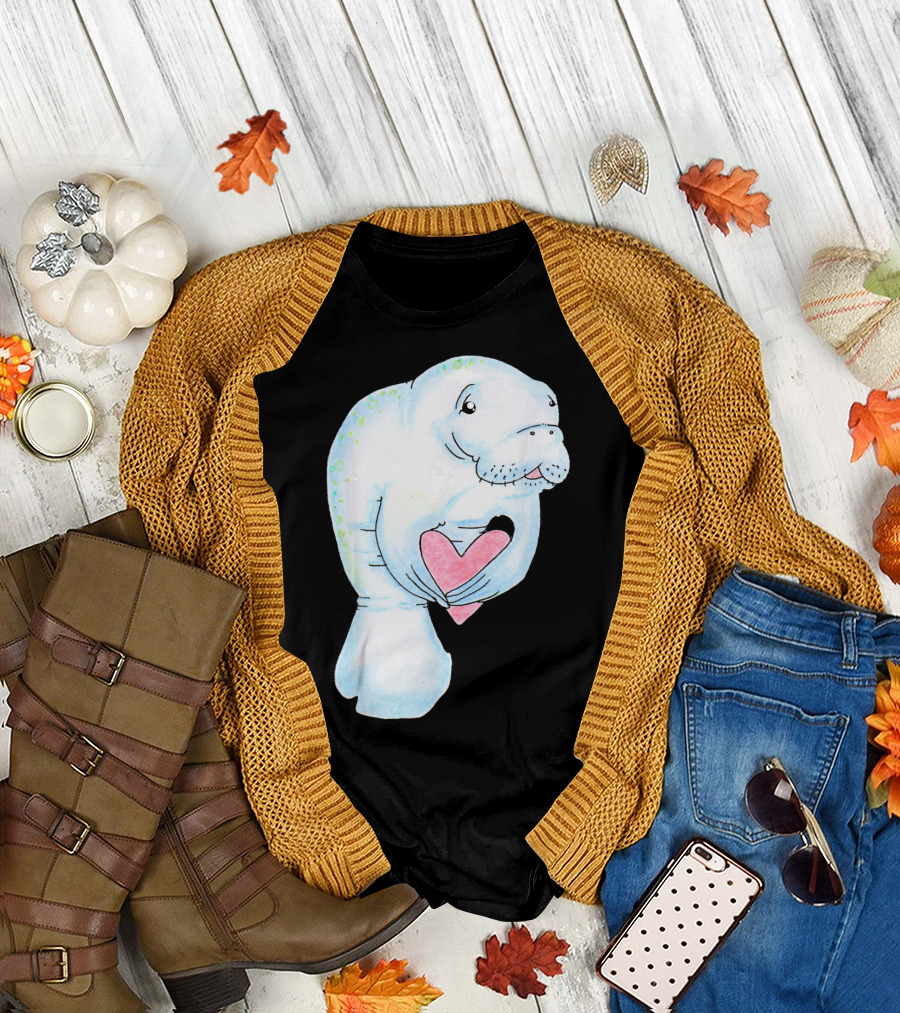 Manatee Holding Heart Valentines Day T-Shirt