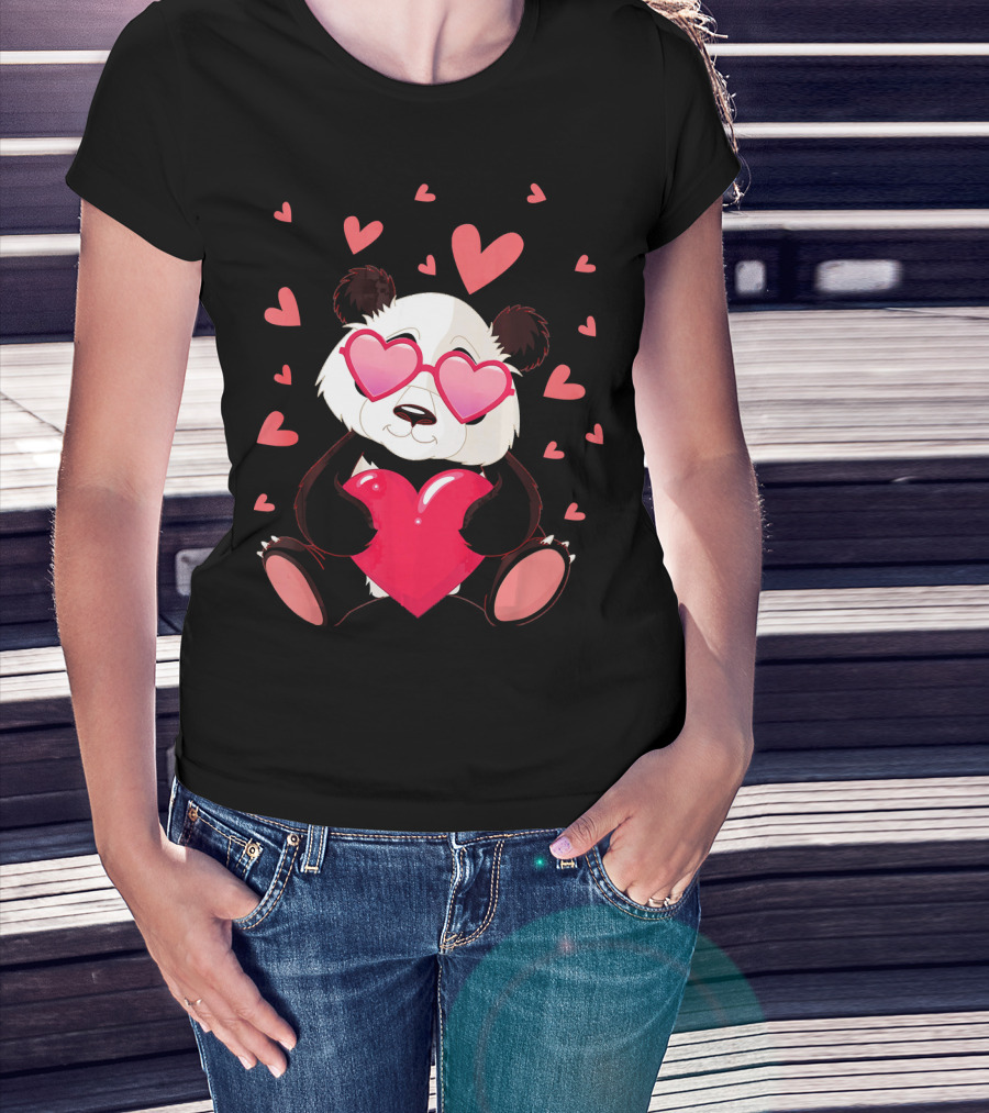 Cute Panda With Heart Glasses Valentines Day T-Shirt