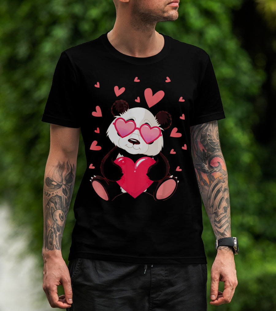 Cute Panda With Heart Glasses Valentines Day T-Shirt