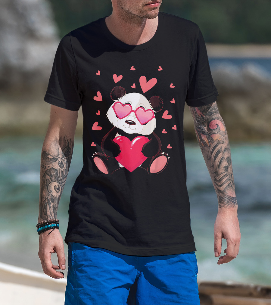 Cute Panda With Heart Glasses Valentines Day T-Shirt